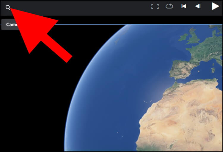 ב- Google Earth Studio לחצו על זכוכית המגדלת כדי לחפש ארץ או עיר מסוימות