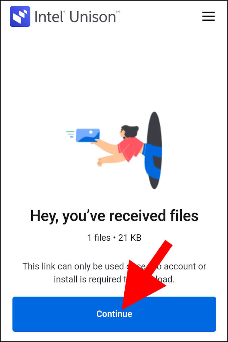 בחלון שנפתח באפליקציית Intel Unison בסמארטפון לחצו על Continue כדי לאשר את קבלת הקבצים מהמחשב