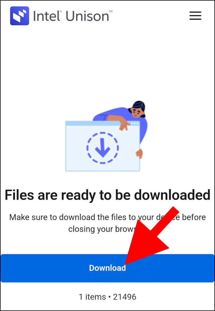 באפליקציית Intel Unison בסמארטפון לחצו על Download כדי להוריד את הקבצים לסמארטפון
