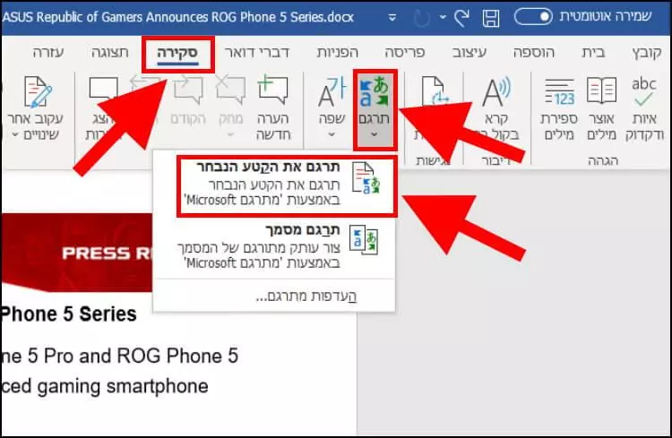 תרגום קטעים נבחרים במסמך וורד