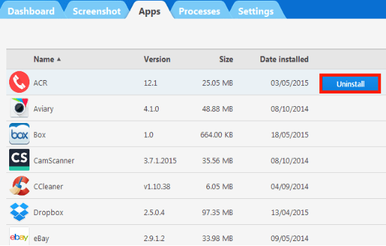 לשונית Apps לצפייה באפליקציות המותקנות במכשיר והסרתן