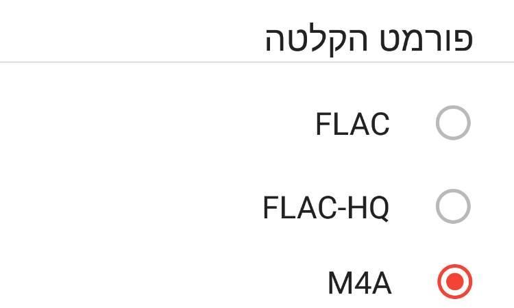 בחירת פורמט הקלטה חדש מהרשימה