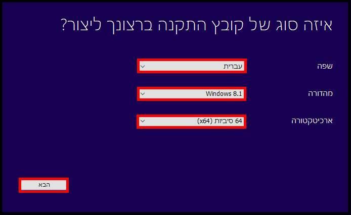 בחרו את השפה, המהדורה והארכיטקטורה של מערכת ההפעלה Windows 8.1