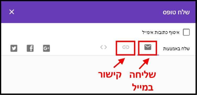 שליחת הקישור במייל או דרך קישור