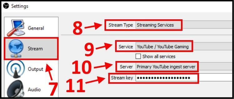 הזנת המפתח הסודי של ערוץ היוטיוב בתוכנה OBS