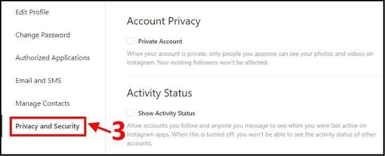 האפשרות פרטיות ואבטחה באינסטגרם