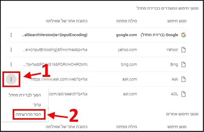 הסרת מנוע חיפוש מרשימת מנועי החיפוש של גוגל כרום Google Chrome