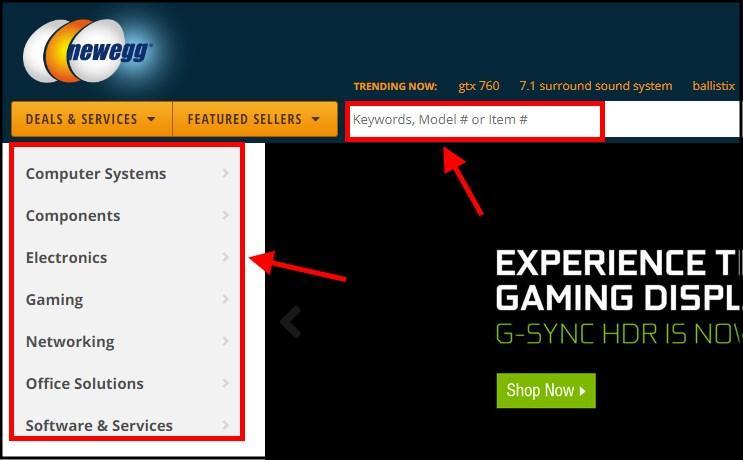 חלונית החיפוש באתר Newegg