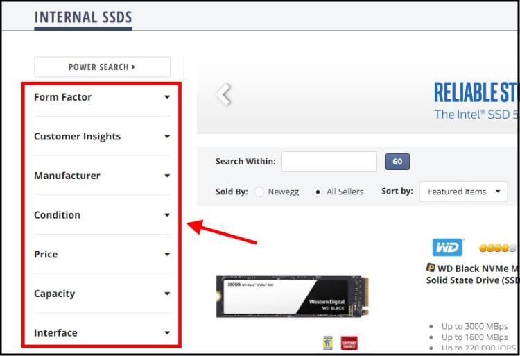 אפשרויות הסינון באתר Newegg