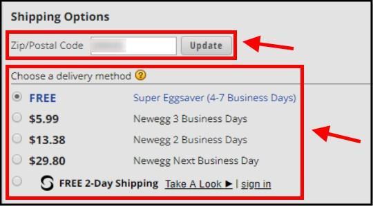 בחירת שיטת המשלוח באתר Newegg