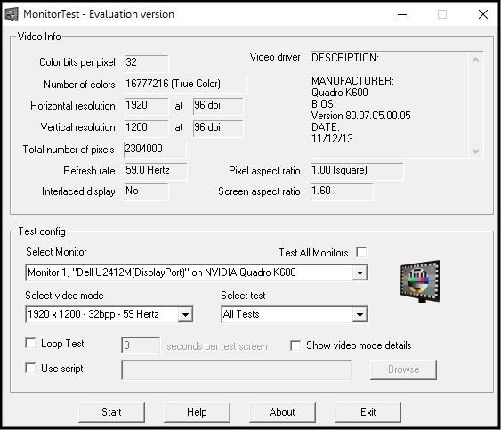 נתונים על המסך בתוכנה MonitorTest