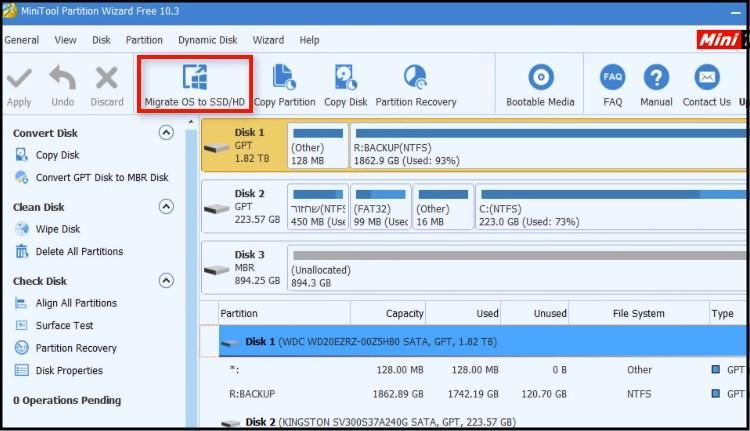 החלון הראשי של MiniTool Partition Wizard Free