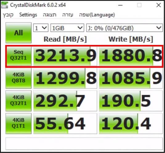 תוצאות בדיקות מהירות קריאה וכתיבה לכונן NVMe SX8200 Pro