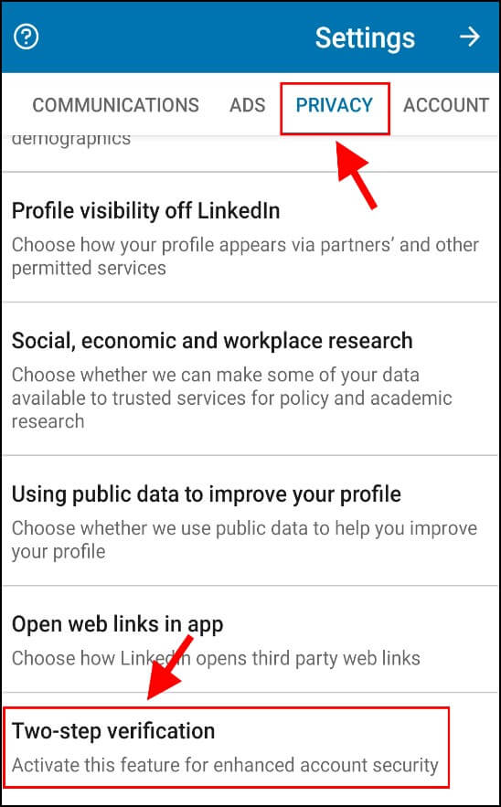 הפעלת האפשרות Two-step verification באפליקציית לינקדאין