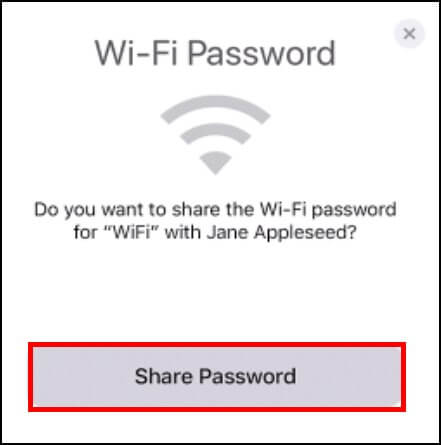 לחצו על שתף את הסיסמה לשיתוף הסיסמה של הרשת האלחוטית מהאייפון