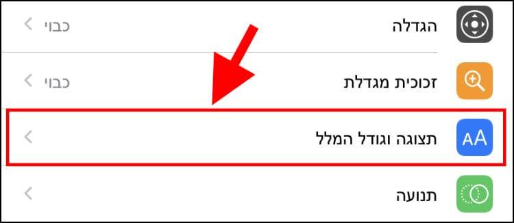 תפריט התצוגה וגודל המלל באייפון