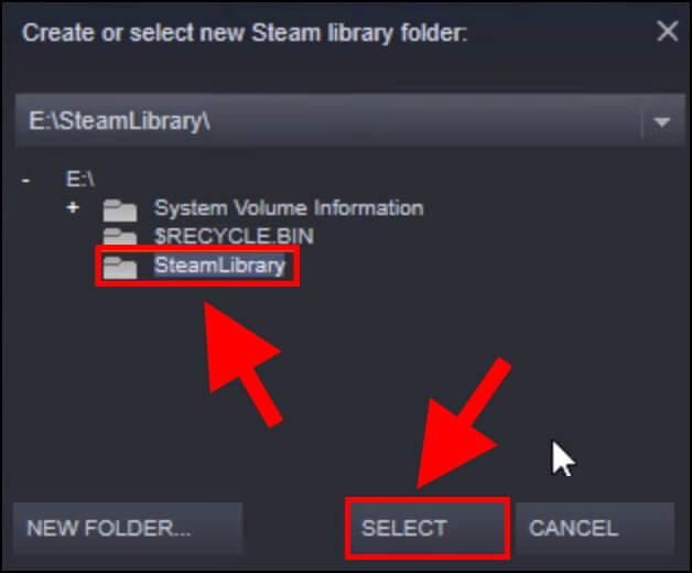 בחרו בתיקיית המשחקים החדשה שיצרתם ל- Steam