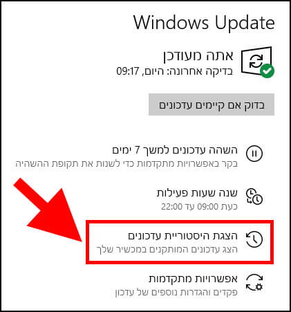 הצגת היסטוריית עדכונים של Windows