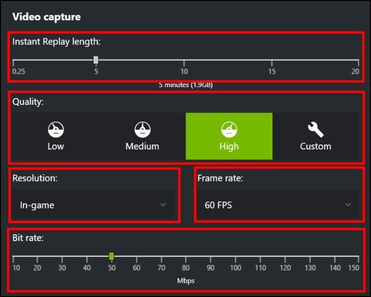 הגדרות הקלטת מסך בתוכנה Geforce Experience