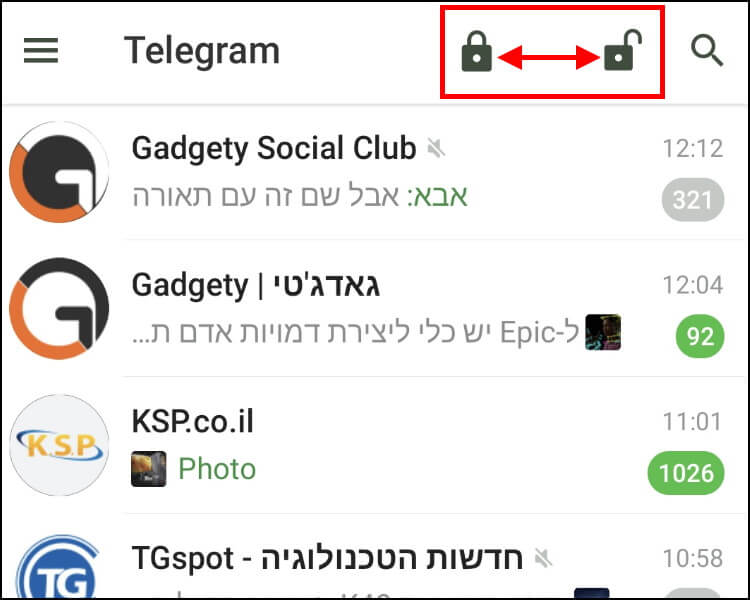 נעילת אפליקציית טלגרם על ידי לחיצה על המנעול שמופיע בחלק העליון בחלון הראשי של האפליקציה