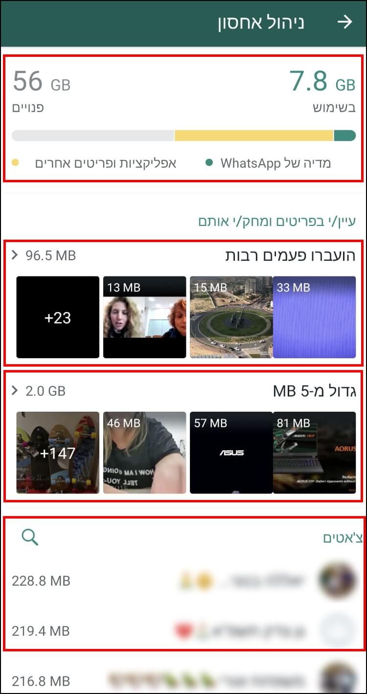 ניהול אחסון באפליקציית וואטסאפ באנדרואיד