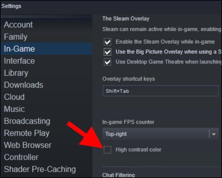 הבלטת FPS בתוכנה Steam על ידי סימון תיבת קונטרסט גבוה