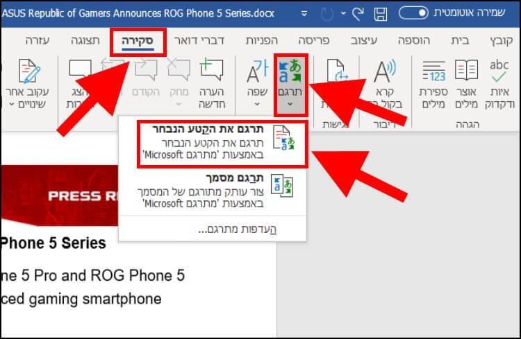 תרגום קטעים נבחרים במסמך וורד