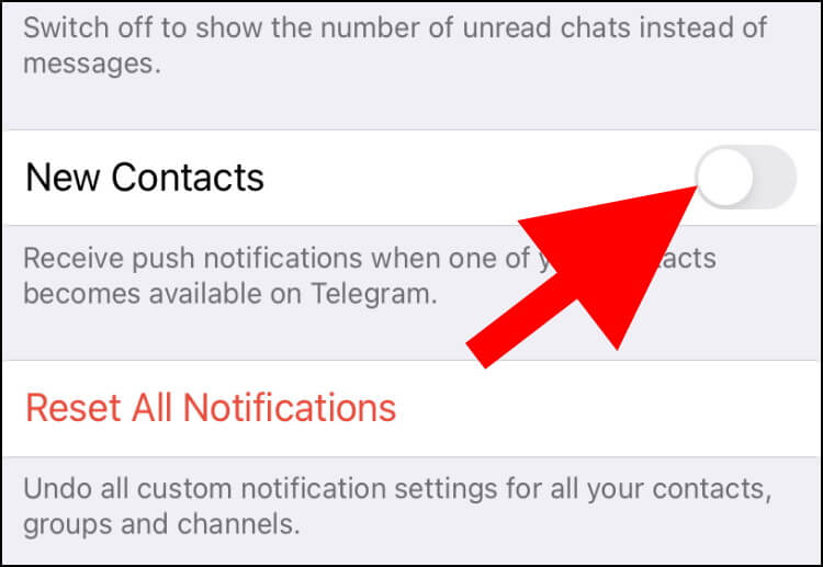 ביטול שליחת התראות בטלגרם באייפון בכל פעם שאיש קשר חדש מצטרף לאפליקציה