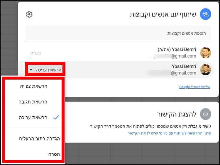 שינוי הרשאות עריכה או הסרת אנשים מרשימת האנשים שיש להם גישה לקובץ בגוגל דרייב