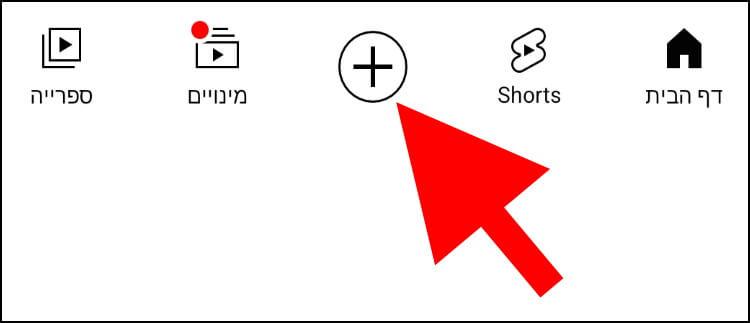 לחצן הפלוס ביוטיוב ליצירת פוסט חדש או מעבר לשידור חי