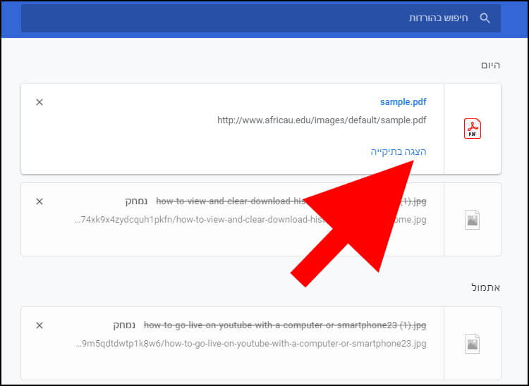 רשימת הקבצים שהורדו למחשב בדפדפן גוגל כרום