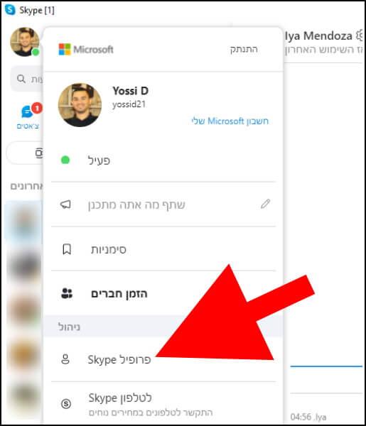 בתפריט הפרופיל לחצו על פרופיל Skype