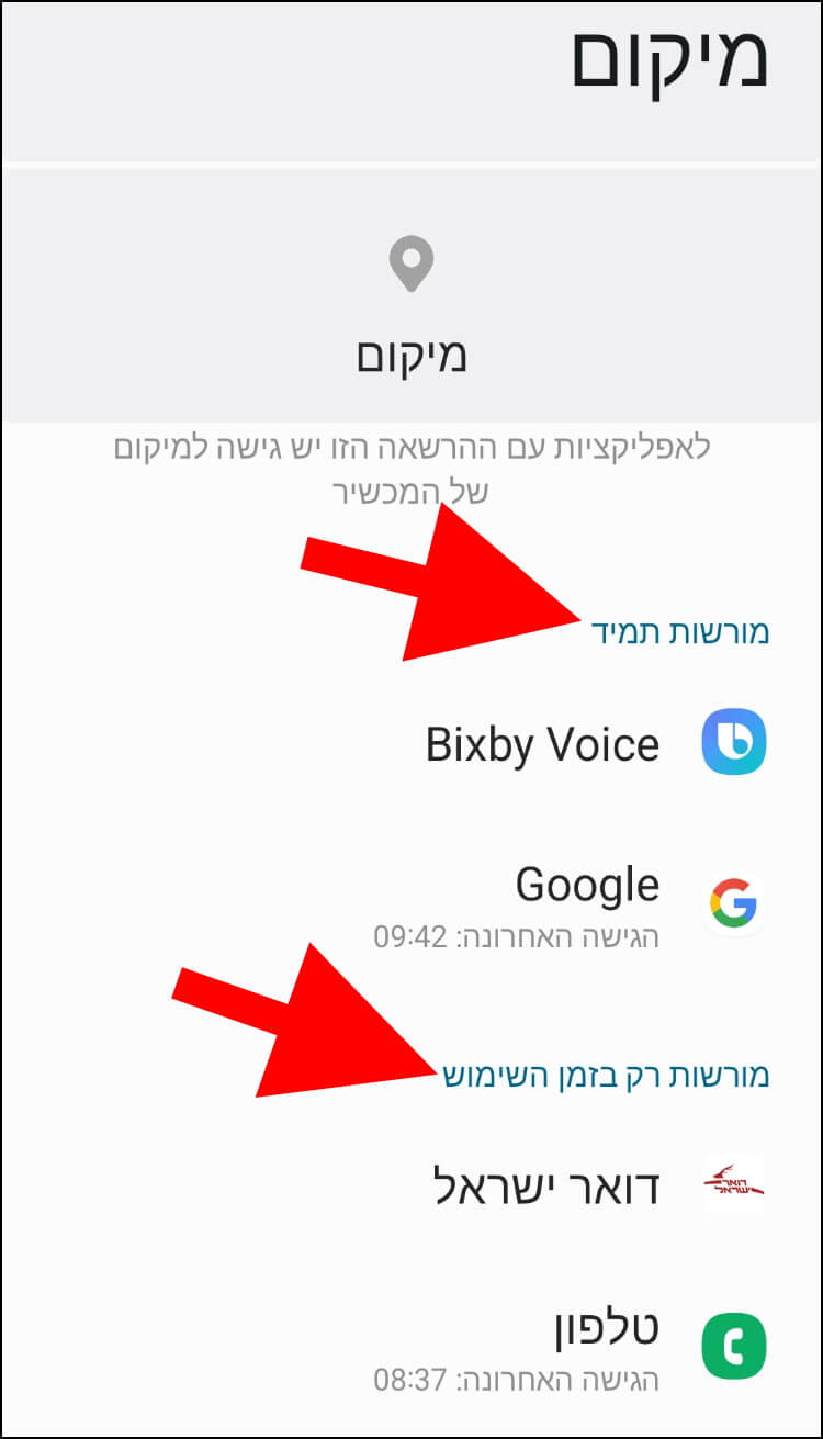 רשימת האפליקציות המורשות לגשת למיקום של מכשיר הגלקסי