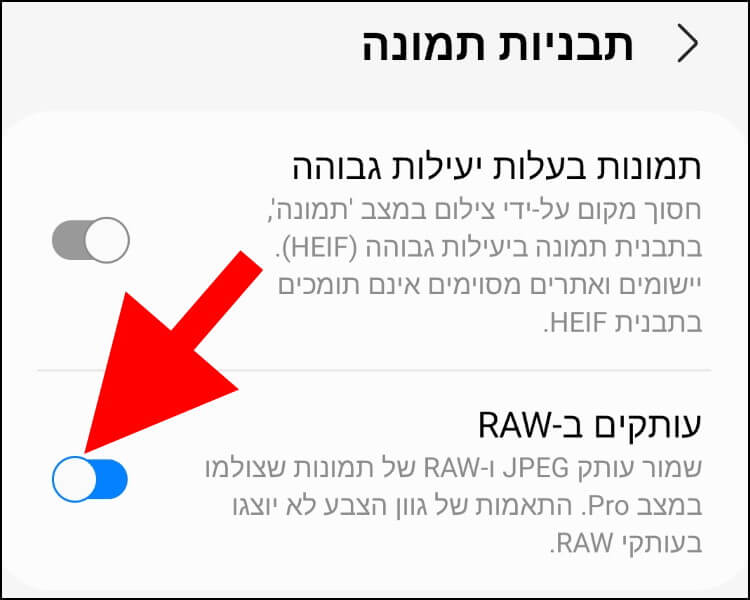 שמירת עותקים מתמונות בפורמט RAW במכשירי גלקסי