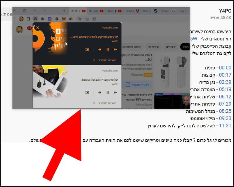 החלון הצף בנגן המדיה גוגל כרום