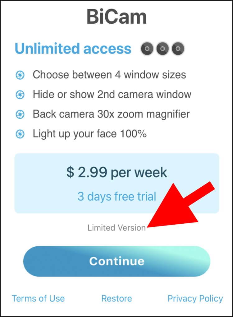 לחצו על Limited Version כדי להשתמש בגרסה החינמית של אפליקציית BiCam