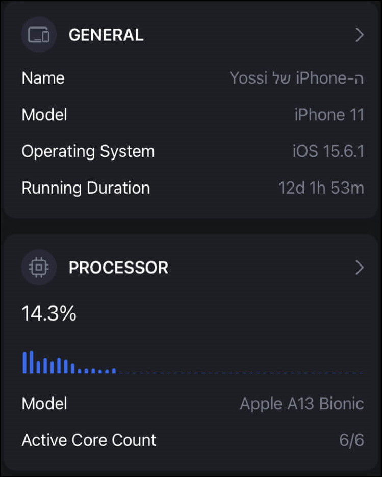 בחלון הראשי של אפליקציית System Status Monitor תוכלו לראות את השם של מכשיר האייפון שלכם, דגם, גרסת מערכת ההפעלה, דגם המעבד, נפח זיכרון העבודה