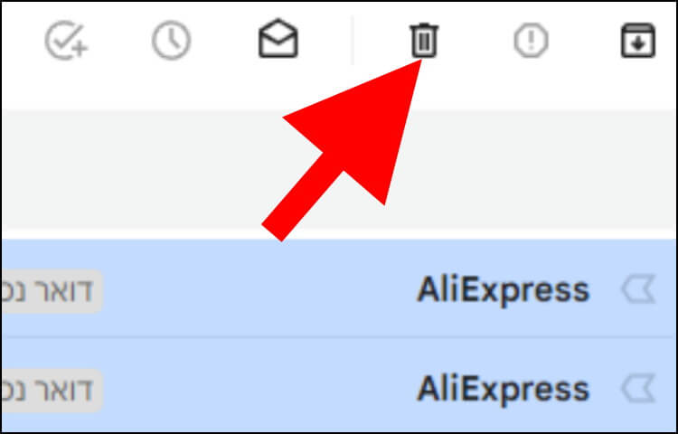 לחצו על הסמל בצורת פח אשפה כדי למחוק את המיילים שסימנתם בג'ימייל