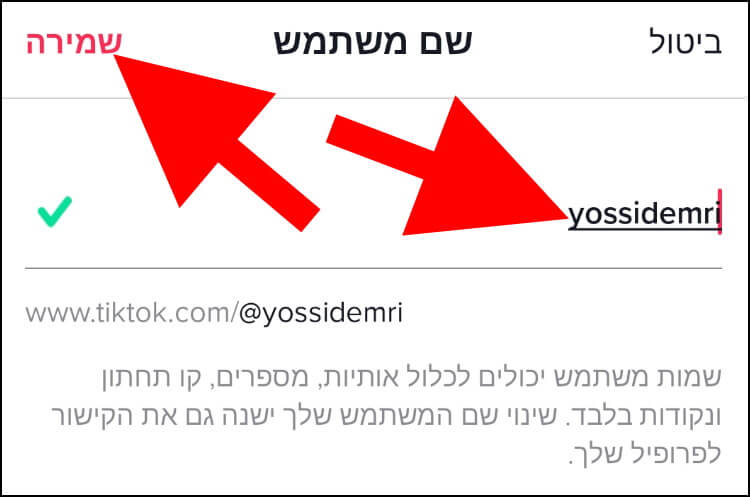 באפליקציית טיקטוק, הקלידו את שם המשתמש הרצוי ולאחר מכן לחצו על שמירה