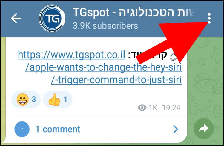 לחצו על שלוש הנקודות שנמצאות בפינה הימנית העליונה של חלון הצ'אט בטלגרם