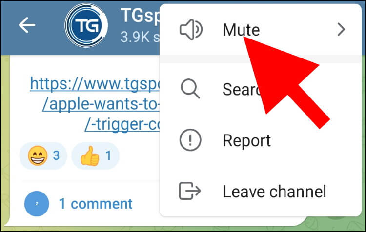 לחצו על Mute כדי להציג את אפשרויות ההשתקה השונות בטלגרם