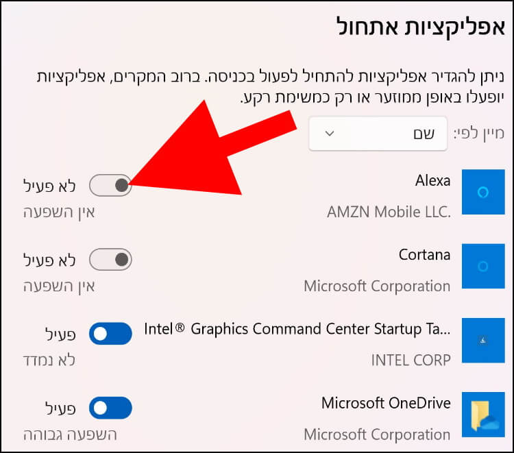 בחלון אפליקציות אתחול הפעילו או בטלו את ההפעלה האוטומטית של האפליקציות המופיעות