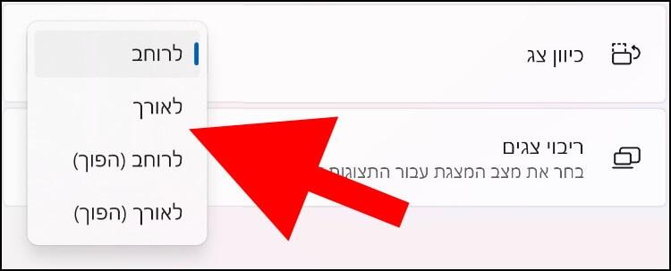 בחרו את כיוון התצוגה הרצוי, לרוחב, לאורך, לרוחב הפוך או לאורך הפוך