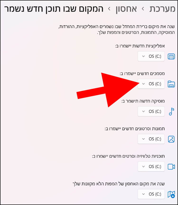 מיקומי ברירת המחדל שבהם נשמרים מסמכים, מוסיקה, תמונות, סרטונים, אפליקציות ומפות