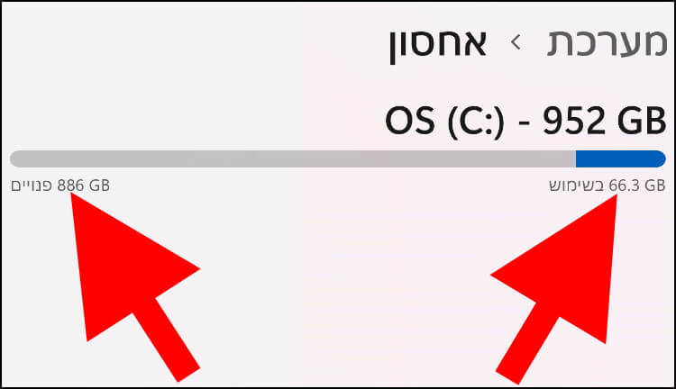 כמה שטח אחסון יש בסך הכל בדיסק הקשיח