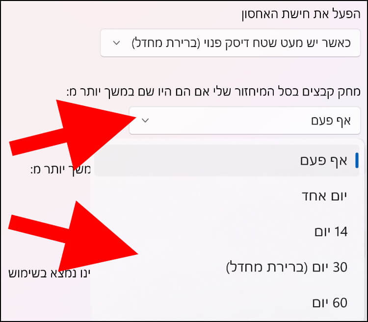 הגדרת זמנים למחיקת קבצים מסל המחזור באופן אוטומטי