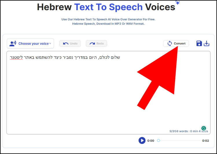 לחצו על 'Convert' כדי לבצע המרה מטקסט לקול