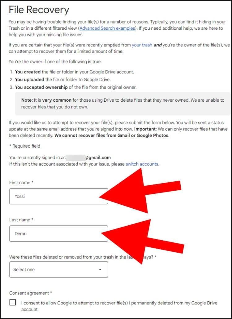 בעמוד הבקשה הייעודי לשחזור קבצים מגוגל דרייב, הקלידו את השם הפרטי ואת שם המשפחה שלכם