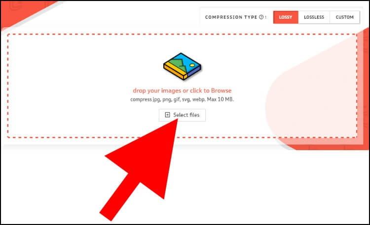 באתר Compressor.io לחצו על Select file כדי להעלות תמונה או תמונות