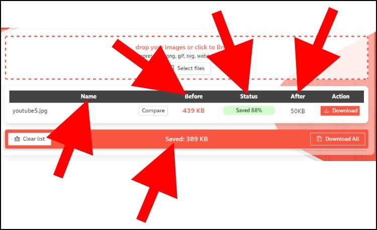 אתר Compressor.io מציג את תוצאות הדחיסה של התמונות